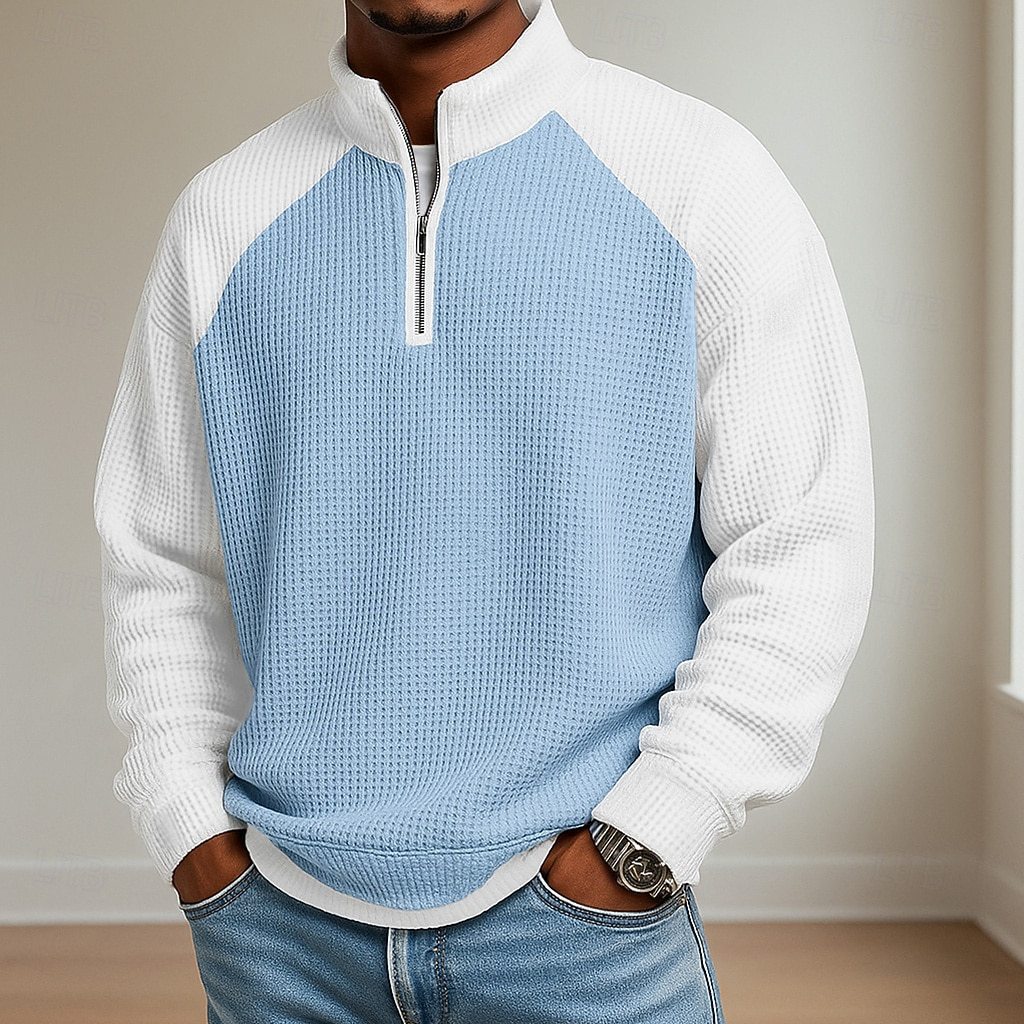 Mens Fashion Color-Block Plus-Size Long-Sleeve Polo Shirt