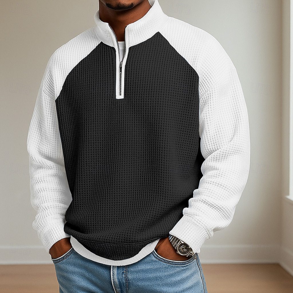 Mens Fashion Color-Block Plus-Size Long-Sleeve Polo Shirt